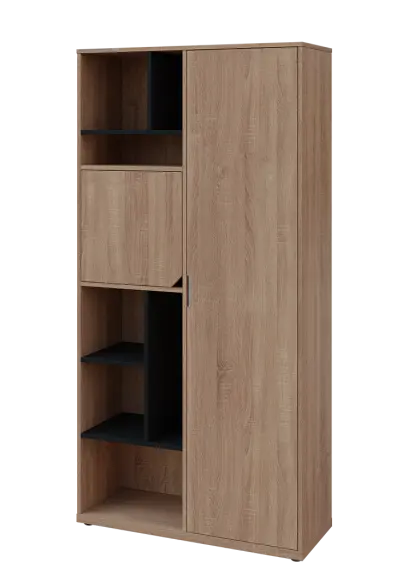 KSR6-83 P skříň šatní, 1x výsuvné ramínko, dvířka, niky, 2053x1022x400 mm, provedení pravé, korpus a dvířka dub bardolino/police černá